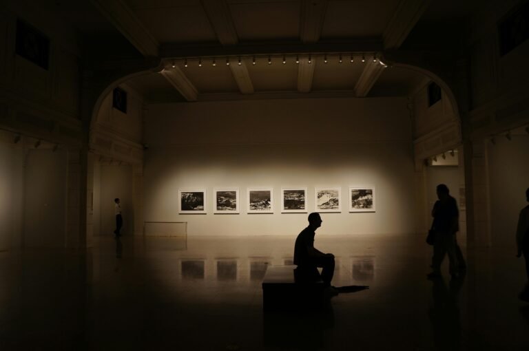 A dimly lit gallery showcasing silhouettes and framed photographs, creating a serene atmosphere.