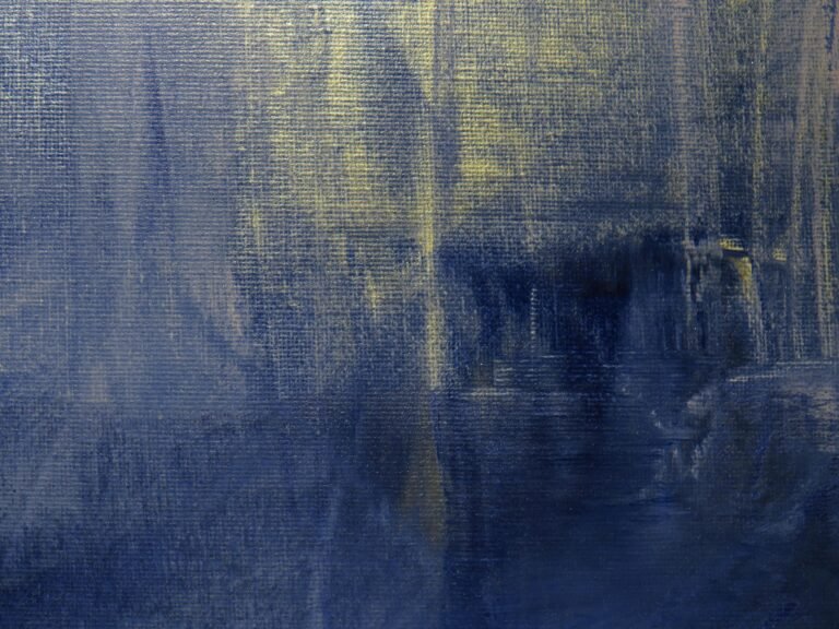 A textured abstract painting in acrylic with dominant blue and yellow hues on canvas.